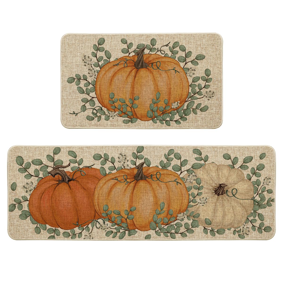 Artoid Mode Orange Pumpkin Eucalyptus Fall Kitchen Mats Set of 2, Autumn Home Decor Low-Profile Kitchen Rugs for Floor - 17x29 and 17x47 Inch