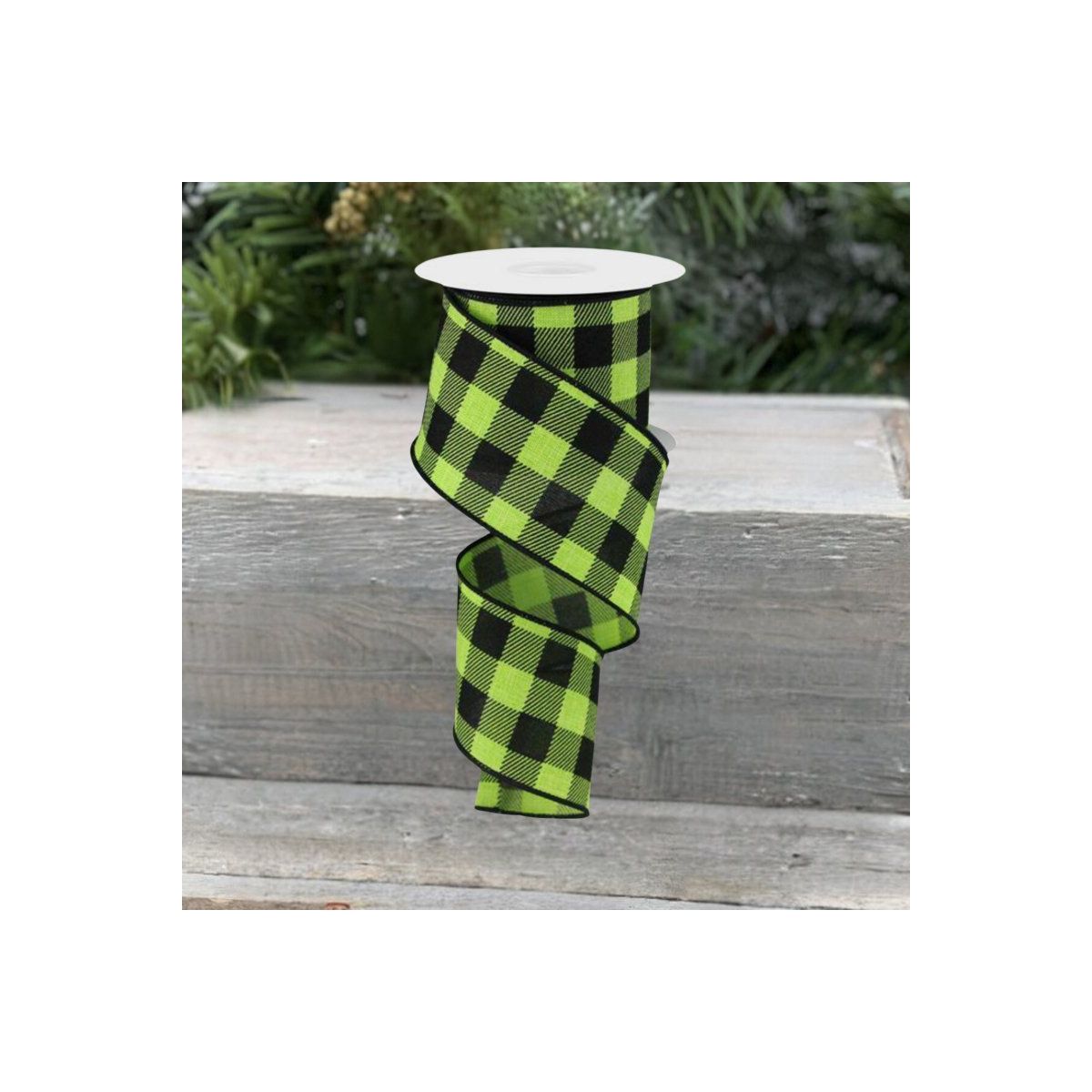 2.5&#x22; Checked Plaid Ribbon: Lime Green &#x26; Black (10 Yards)