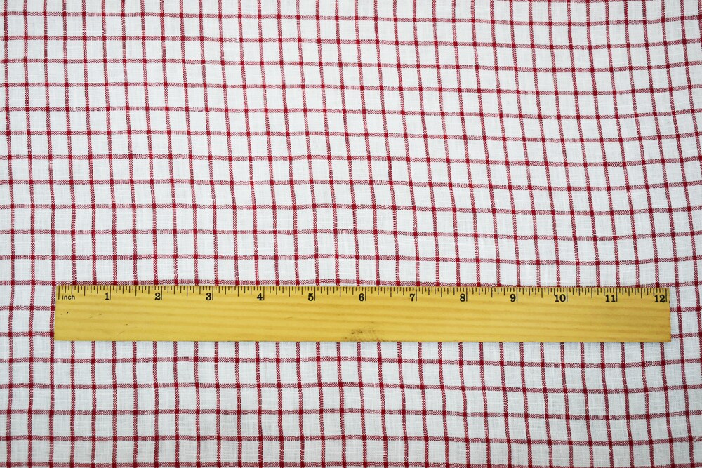 Red-White Moygashel Washed Grid Check Irish Linen Woven Fabric By the Yard