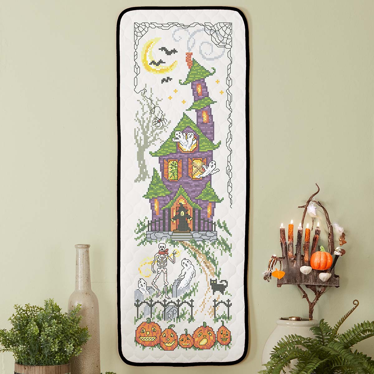 Herrschners Haunted House Halloween Wall Hanging Stamped Cross-Stitch ...