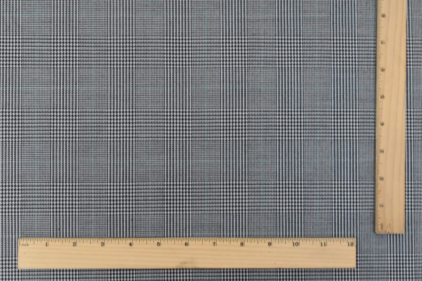 Light Gray-Black-Green Glen Plaid Wool-Poly Twill Woven Suiting Fabric By the Yard