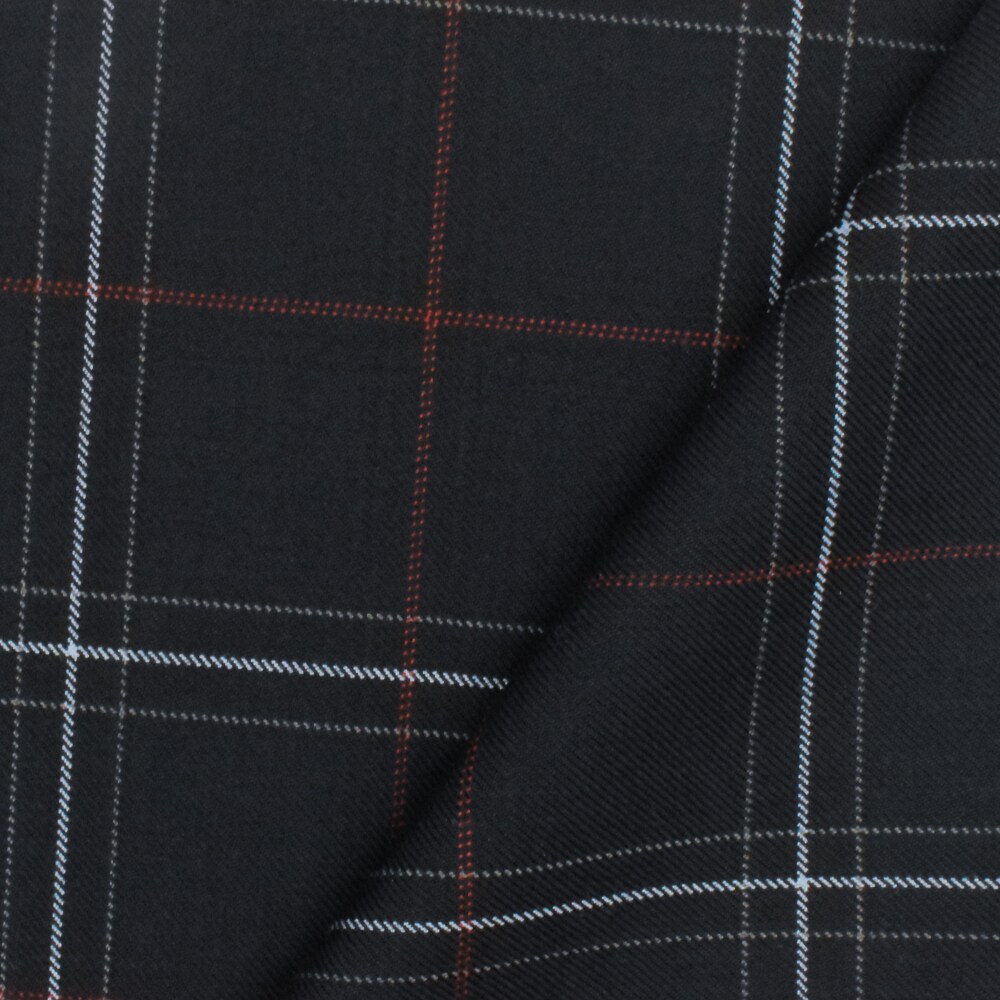 Cool Black-Soft Blue-Multi Plaid Wool-Poly Twill Woven Suiting Fabric By the Yard
