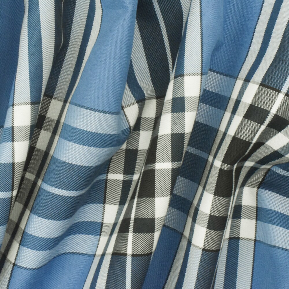 Student Blue-Black-White Plaid Poly Madras Woven Fabric By the Yard