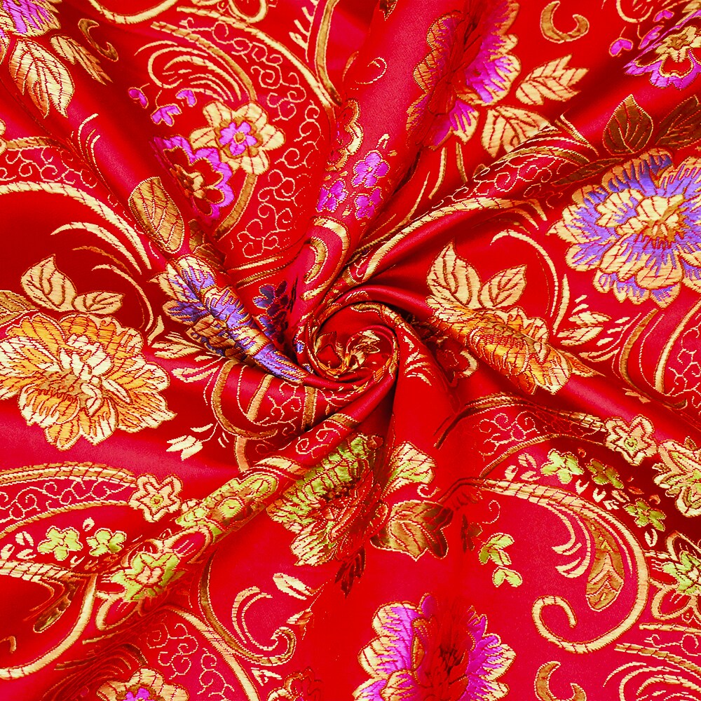 Red-Orange-Multi Polyester Floral Vine Pattern Chinese Brocade Woven Fabric By the Yard