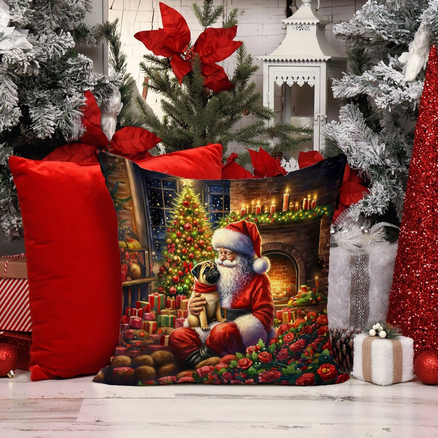 Edge Collections - 14" X 14" - Multicolor - Fawn Pug and Santa Claus - 1 Piece