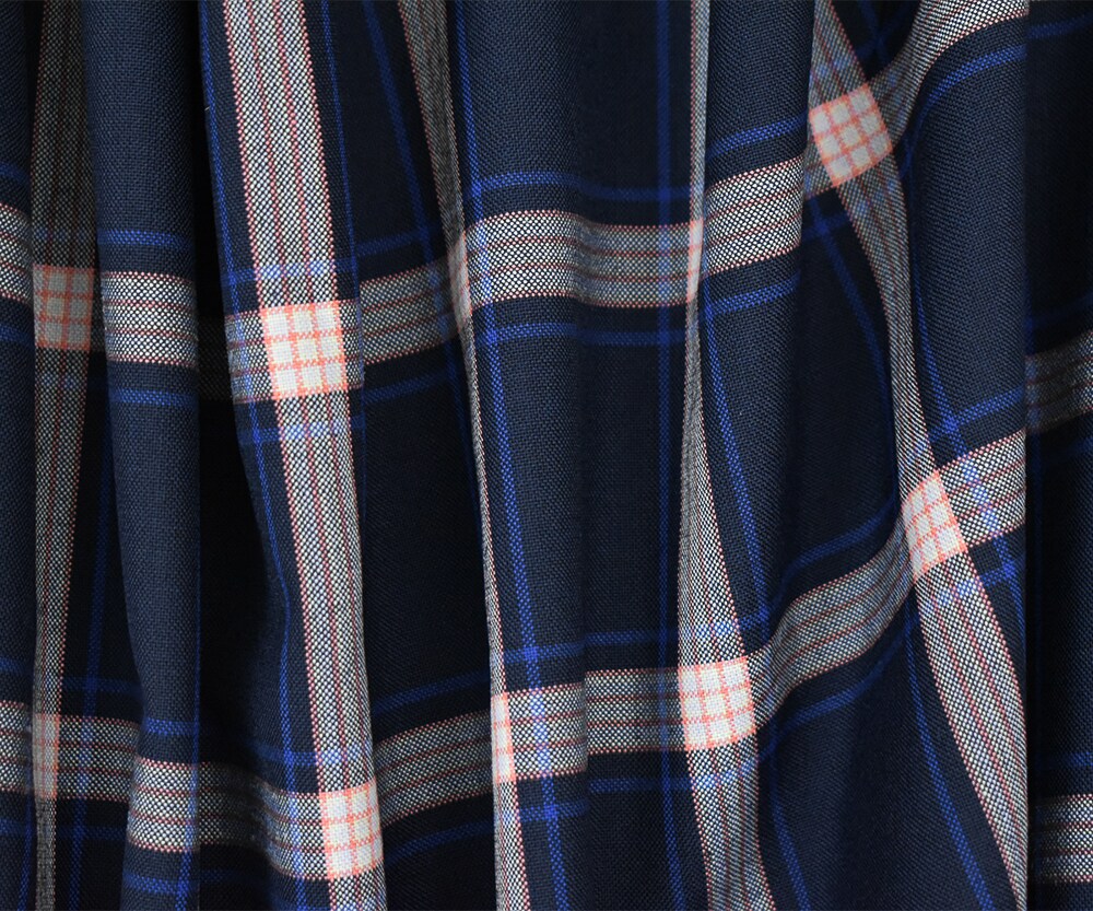 Deep Navy-Orange-Multi Polyester Wool Plaid Shirting Woven Fabric By the Yard