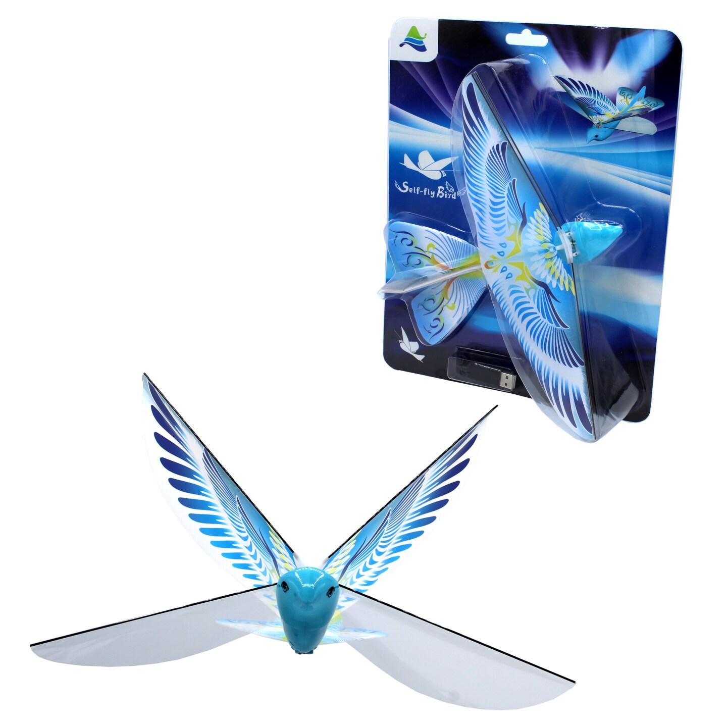 Self Flying eBird Blue Pigeon - Electronic Flying Bird Drone Toy. Adjust the Rudder to Make the Flapping Wings Bird Fly Forward and Back to You. 3 Flying Modes! No Remote Control Needed, USB Charging
