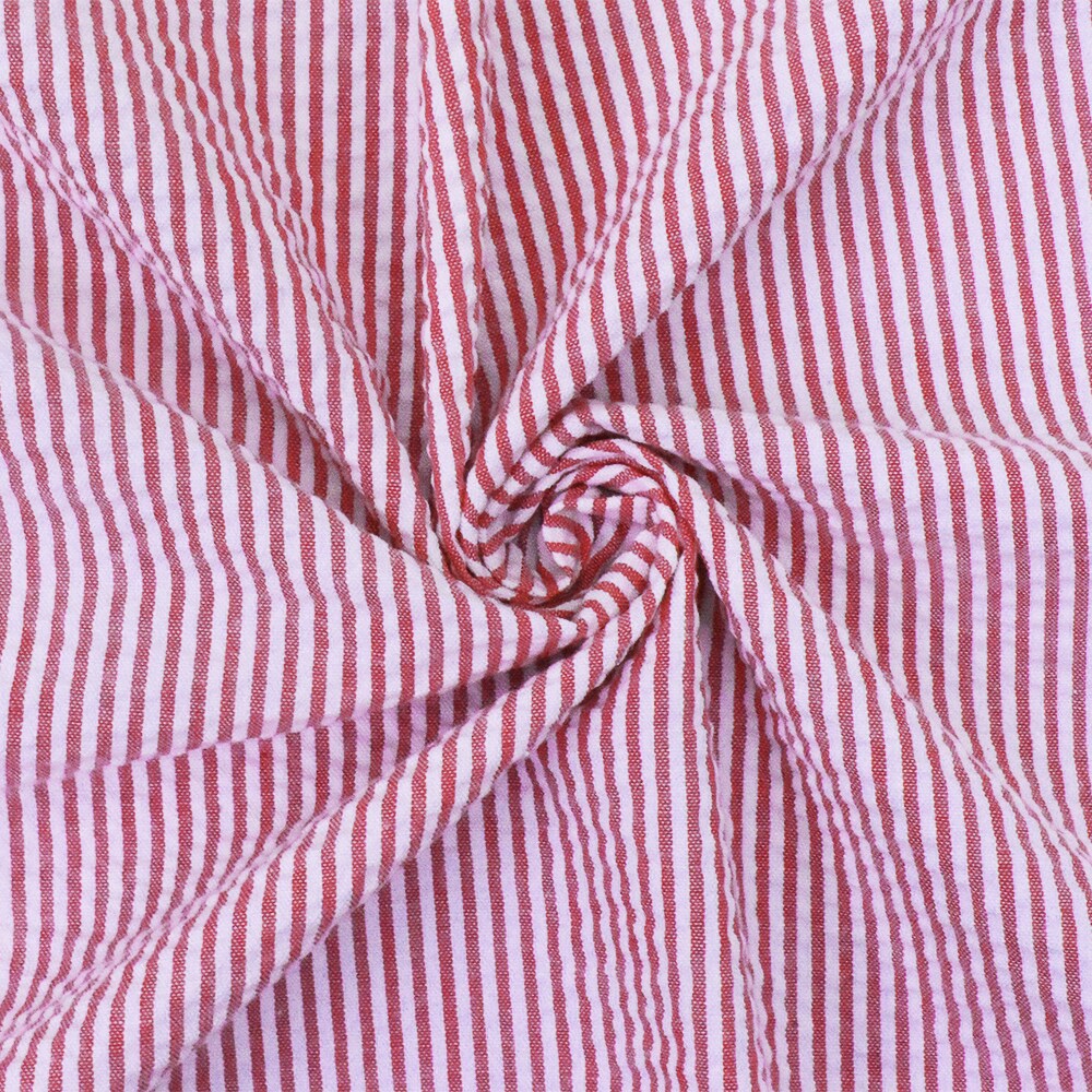 Pink-White Stripe Cotton Poly Seersucker Woven Fabric By the Yard
