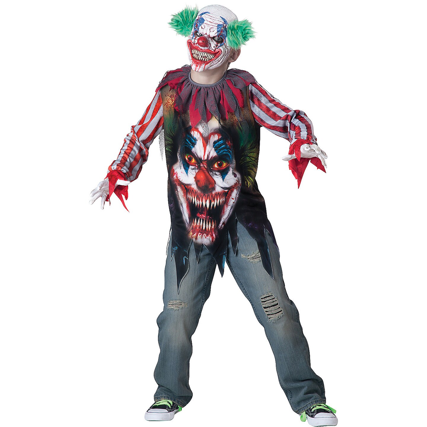 Evil Clown Child Costume, Scary Halloween Outfit with Collar and Vinyl Mask for Boys