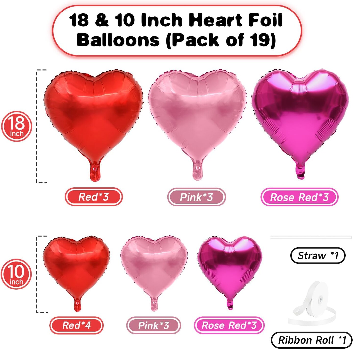 Red Pink Heart Balloons, 19PCS Light Pink Heart Shape Balloon, 18Inch with 10Inch Hot Pink and Red Helium Mylar Love Heart Balloon for Birthday Bridal Shower Wedding Valentine Anniversary Decorations