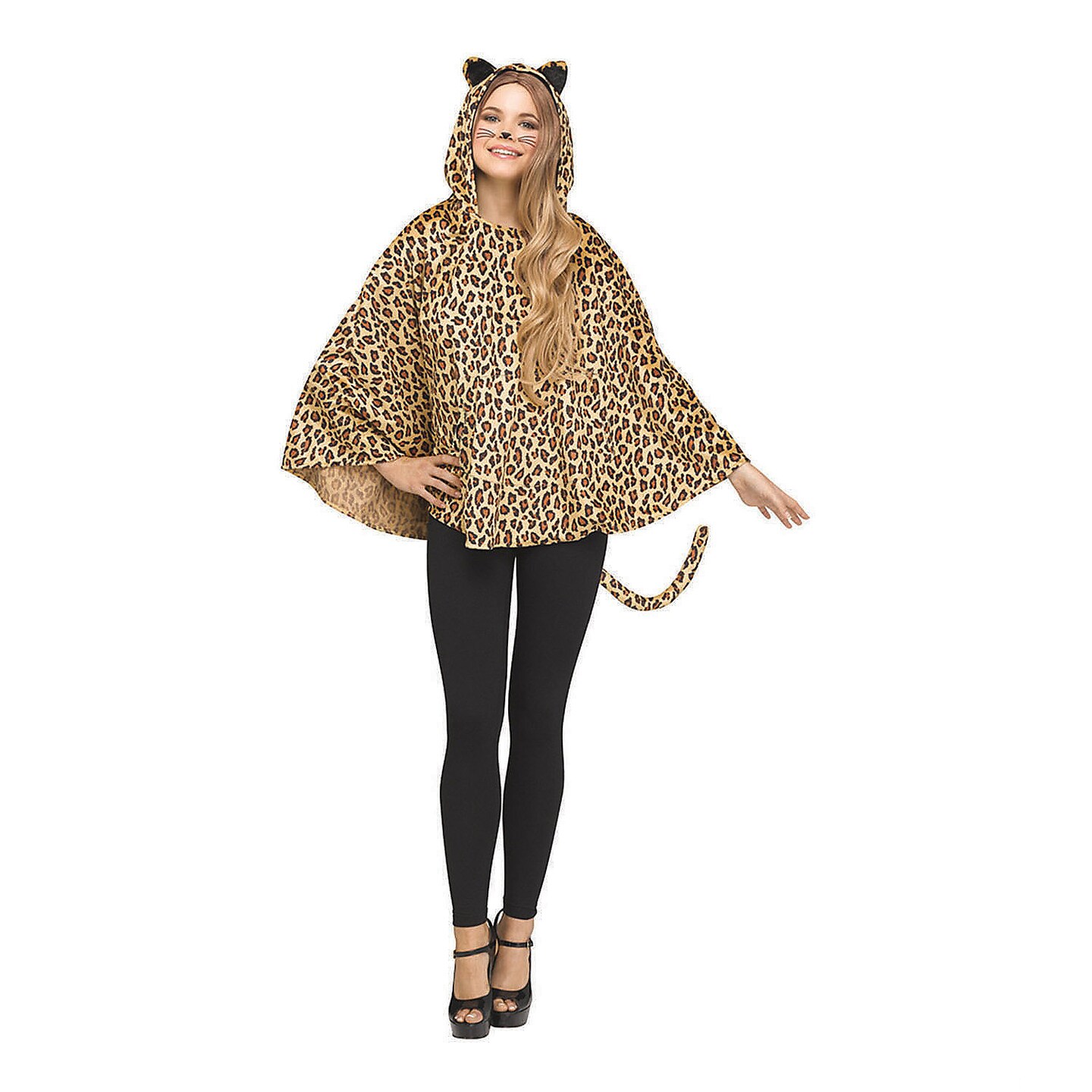 Adult Leopard Poncho Costume Hooded Outfit with Tail and Ears