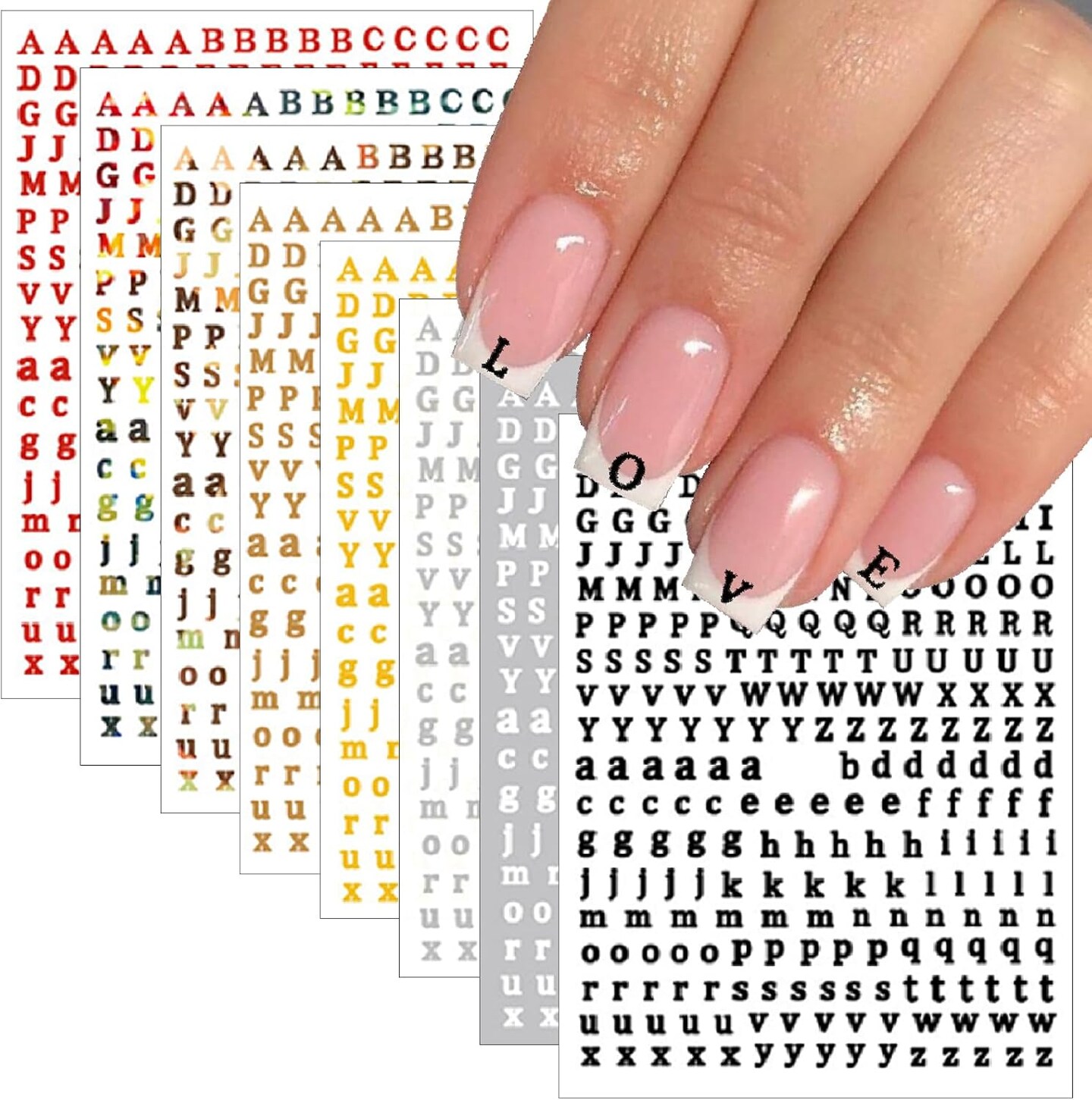 8 Sheets Metallic Letter Nail Art Stickers, 3D Laser Alphabet Nail Decals, Self-Adhesive Gold, Silver & Red Initial Charms for DIY Acrylic & Gel Manicures