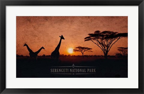 Framed Art Vintage Sunset with Giraffes in Serengeti National Park, Africa Wall Decor 18x24 Artwork