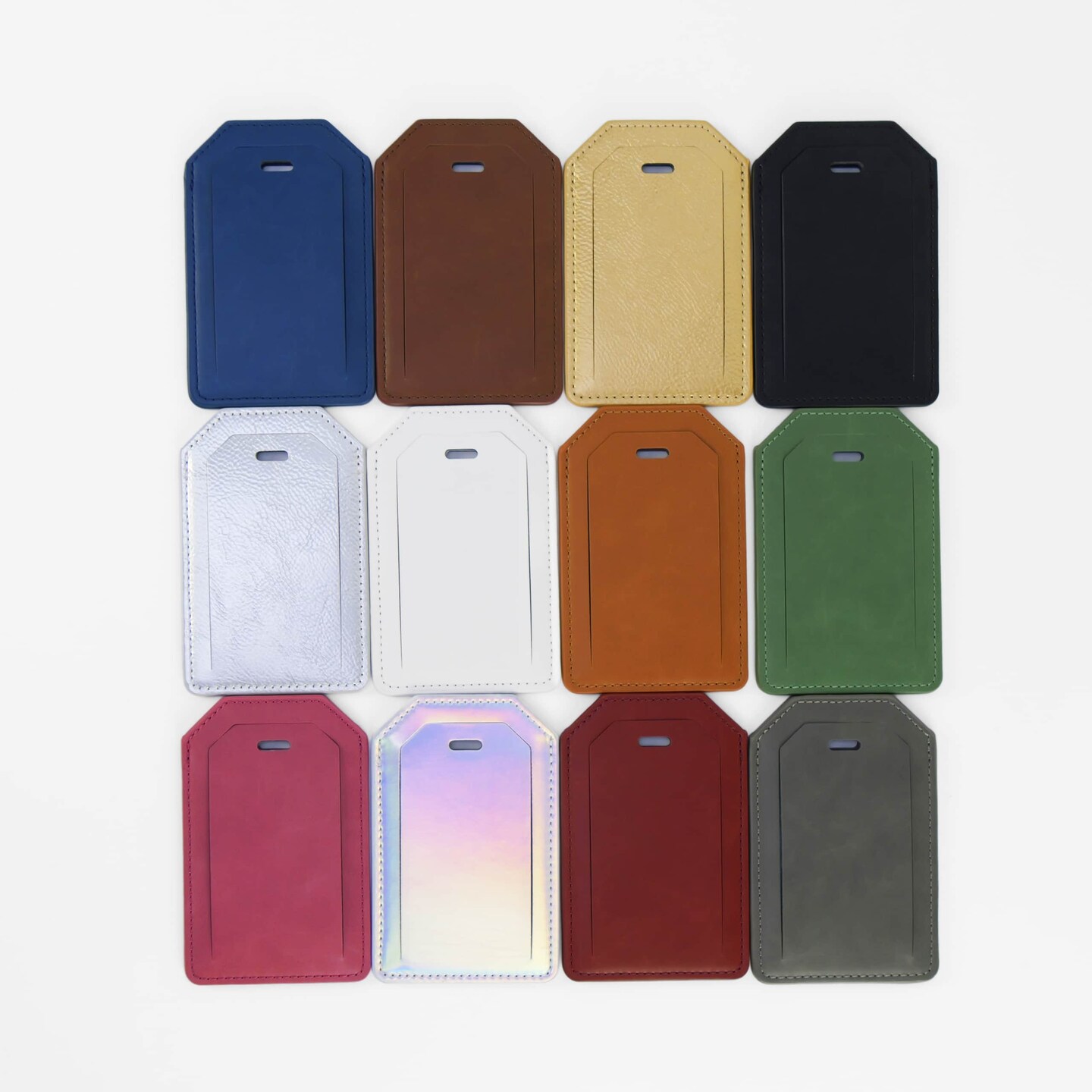 MakerFlo Laserette™ Luggage Tag Sample Pack – 12 Engravable Vegan Leather Travel Bag Tags with Privacy Flap and Gift Boxes, Wholesale & Bulk