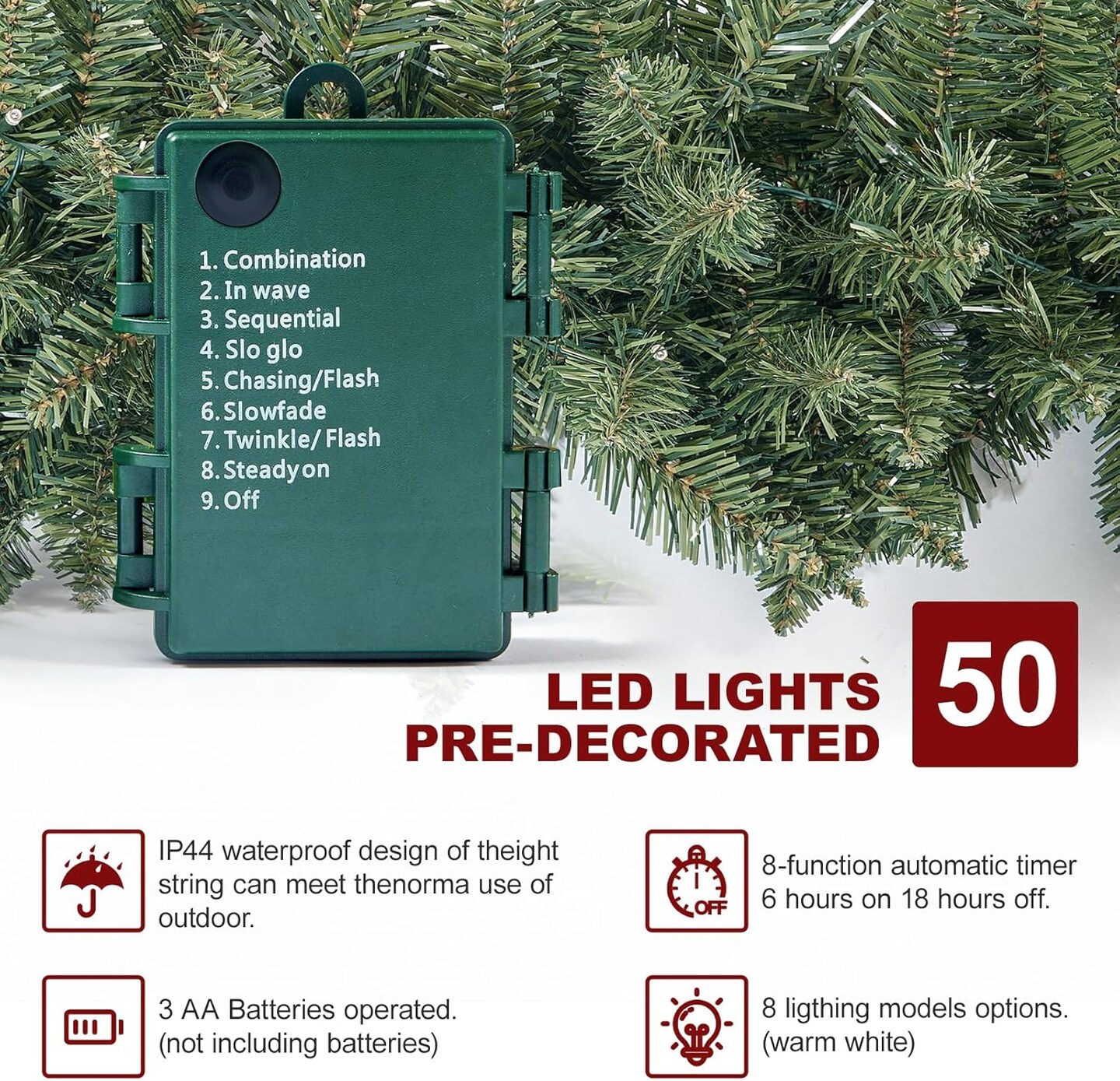 9 FT Pre-lit Christmas Garland Holiday Artificial 50 Led Light