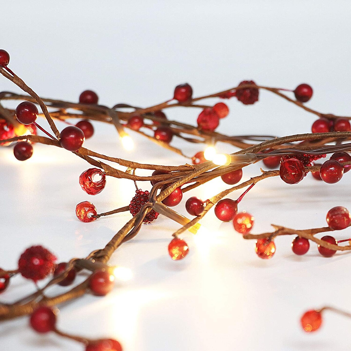 5.9FT - Red Berry Branch Pre-lit Garland with 30LED Lights, Battery Operated Fairy String Lights