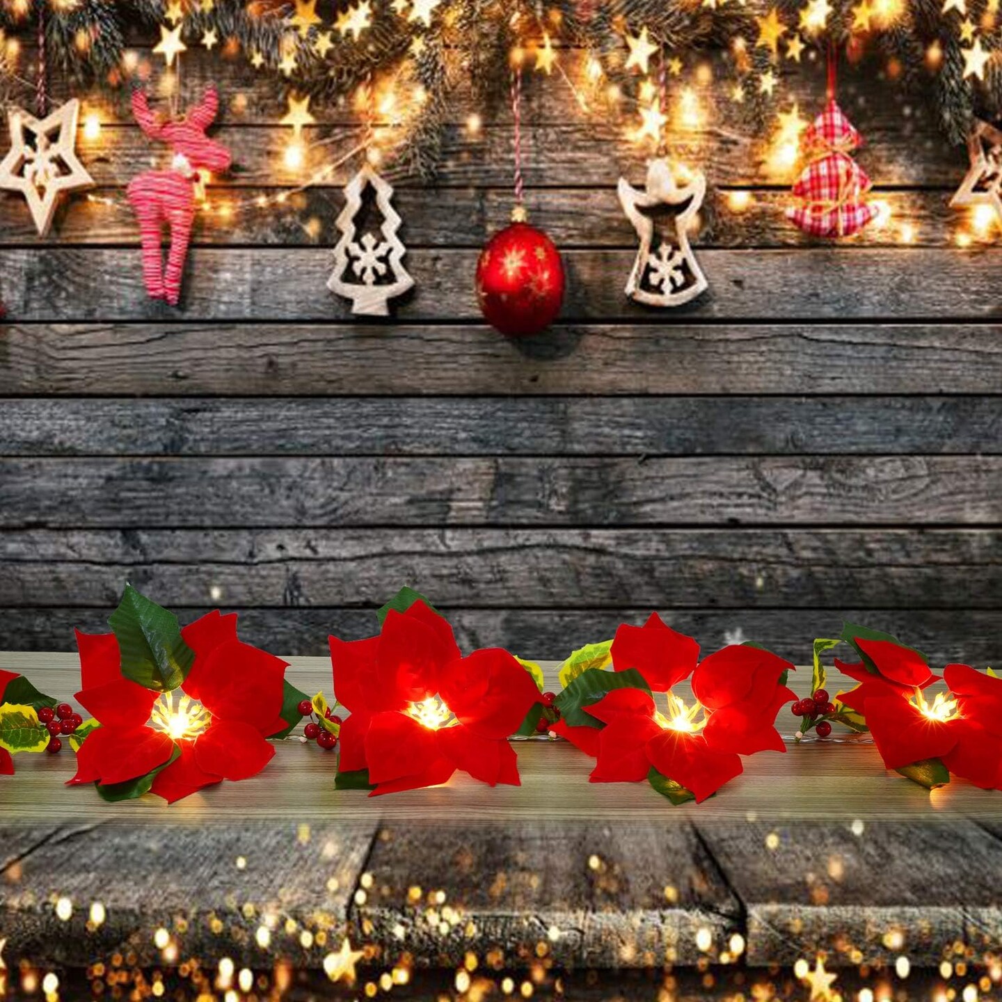 6.5Ft Lighted Poinsettia Christmas Garland with Red Berries and Holly Leaves,