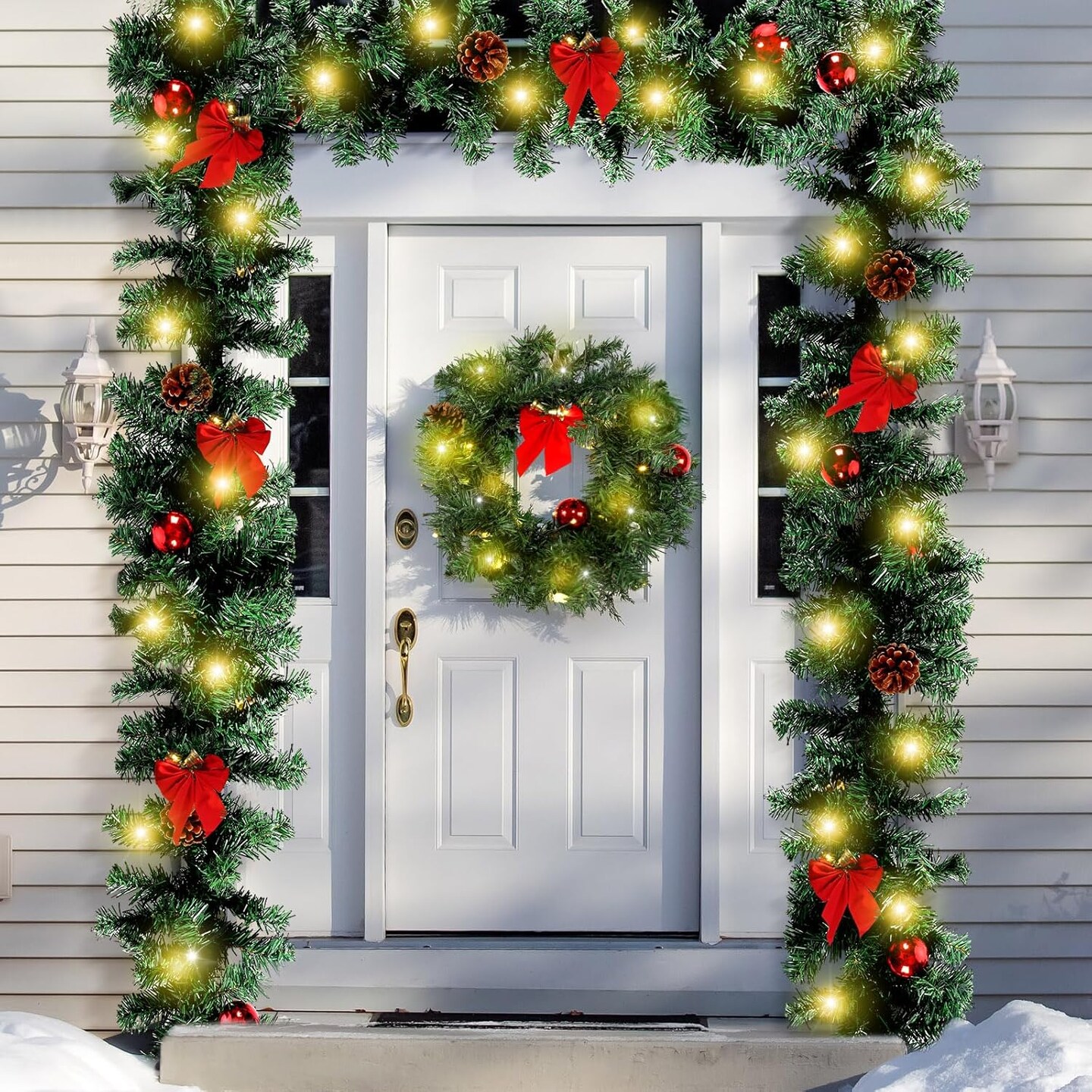 15ft Outdoor Christmas Garland with 100 Warm LED Pre-lit Artificial Christmas Garlands Decor Green Frosted