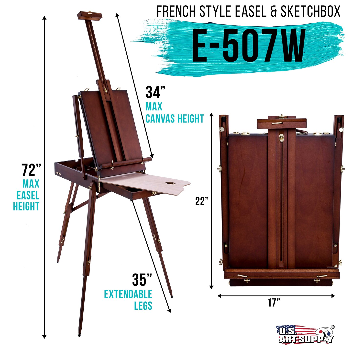 Large Walnut French Easel, Adjustable Plein Air Easels, Beechwood Sketchbox Tripod for Field & Studio Painting Easel for Adults, Drawing, Display - Portable with Drawer & Palette
