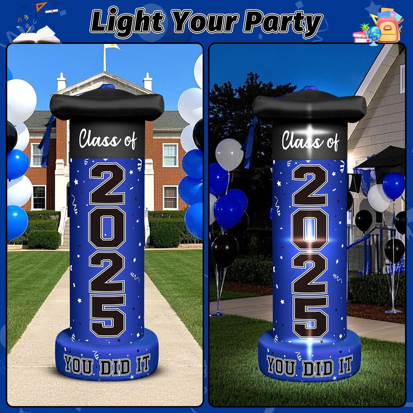6 FT Giant Graduation Inflatable Decorations, 2025 Graduation Campus Party Blow-Up Deco with 3LED light1Blower for University Graduation Ceremony Students and Teachers Take Photos Deco (Blue)