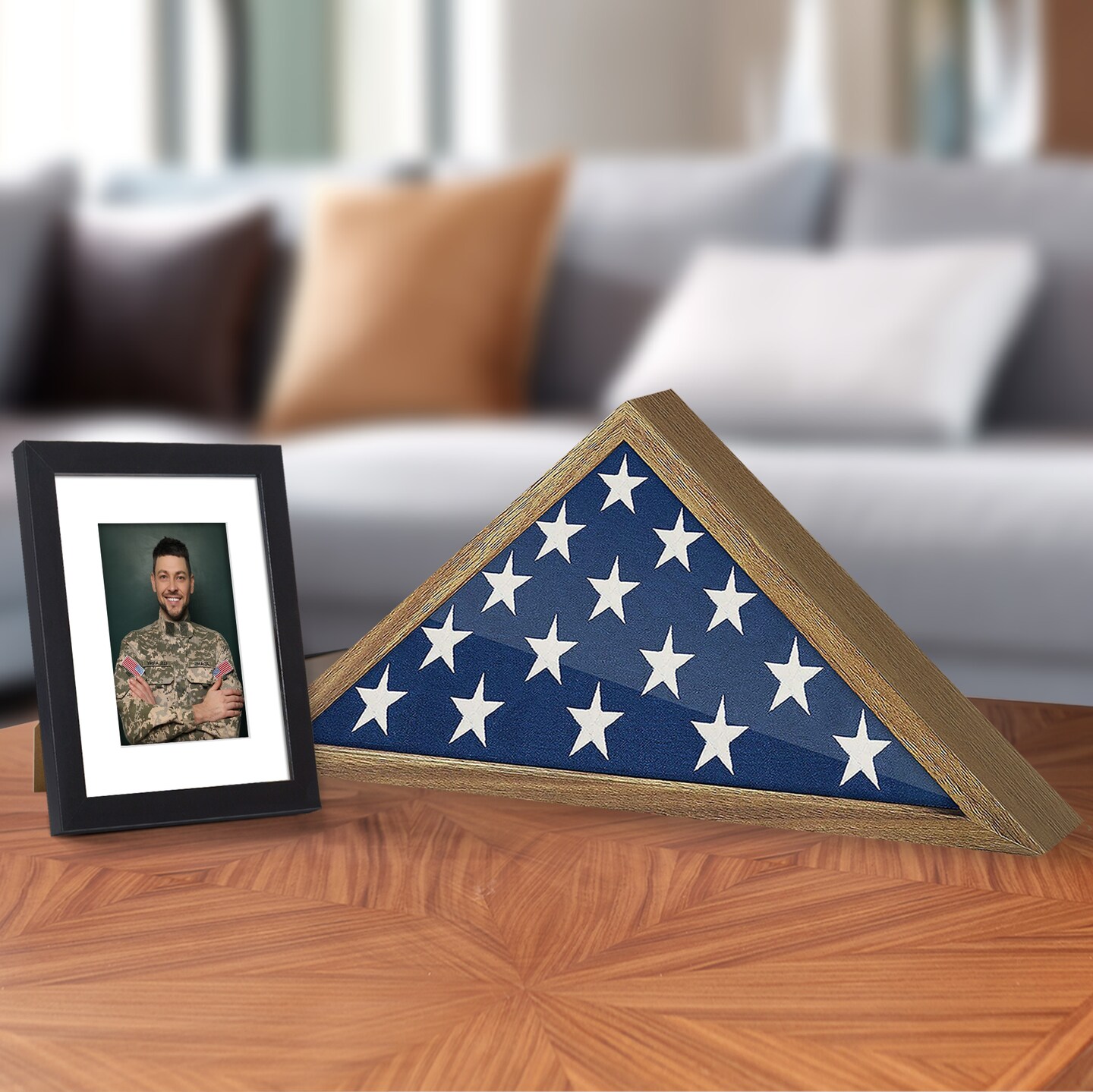 Americanflat Small Flag Display Case for Burial Flag - Fits Folded Flag - Elegant Military Flag Display Case - Plexiglass Cover - Triangle Hanging Hardware - Brown
