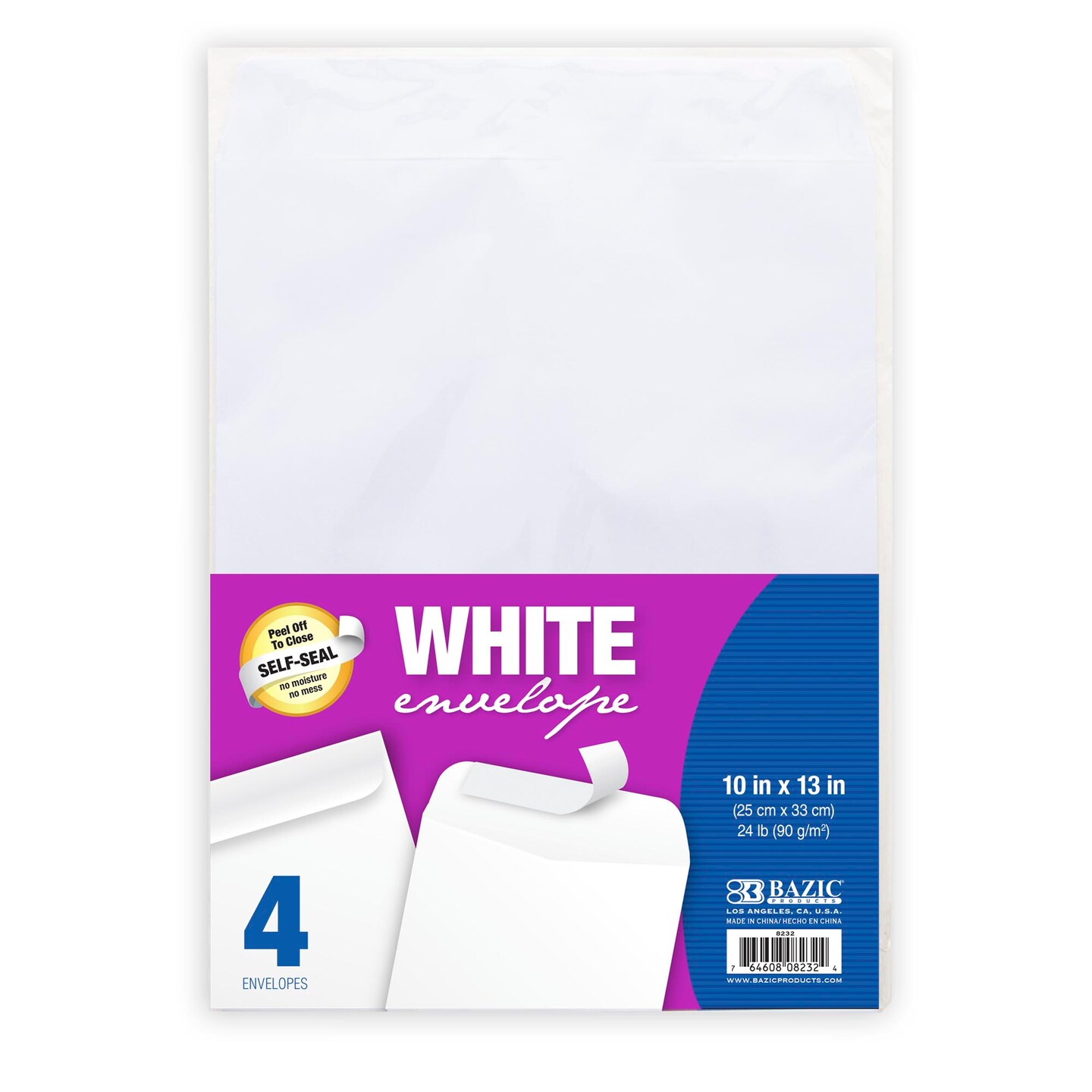BAZIC Self-Seal White Envelope 10&#x22; X 13&#x22; (4/Pack)