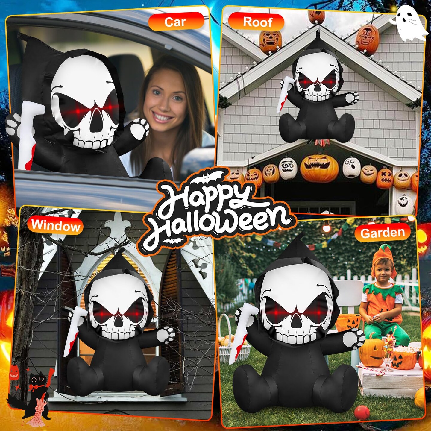 3.5 FT Halloween Inflatables Wearable Grim Reaper Outdoor Decoration with Red Eyes Holding Knife Halloween Blow Up Decorations Built-in LEDs Coming Out of Window Garden Indoor Roof Car