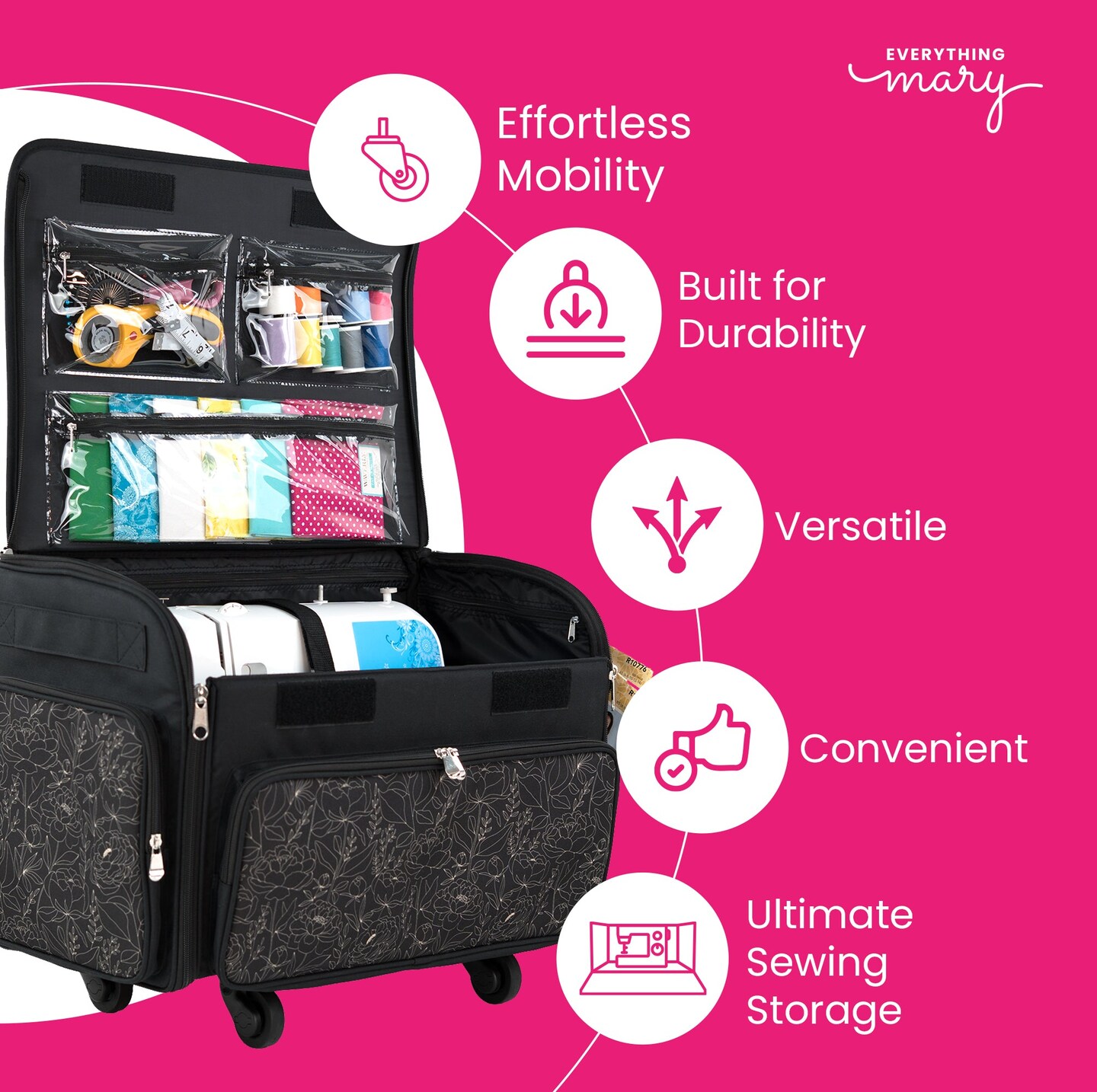 Everything Mary XL 4 Wheel Collapsible Rolling Sewing Machine Storage Case, Tan & Grey Floral