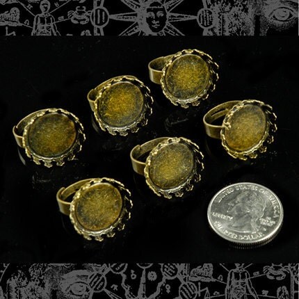 Antiqued Bronze Filigree Ring Blanks with 20mm Round Settings  Set of Six - RING6