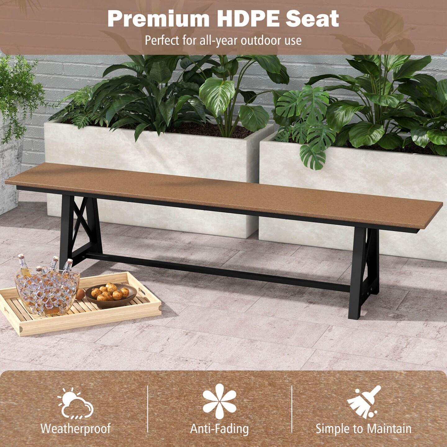 Costway 1/2 PCS Patio 72 &#x22; Extra Long Bench Outdoor Long Chair for 4 Weatherproof HDPE Seat Brown