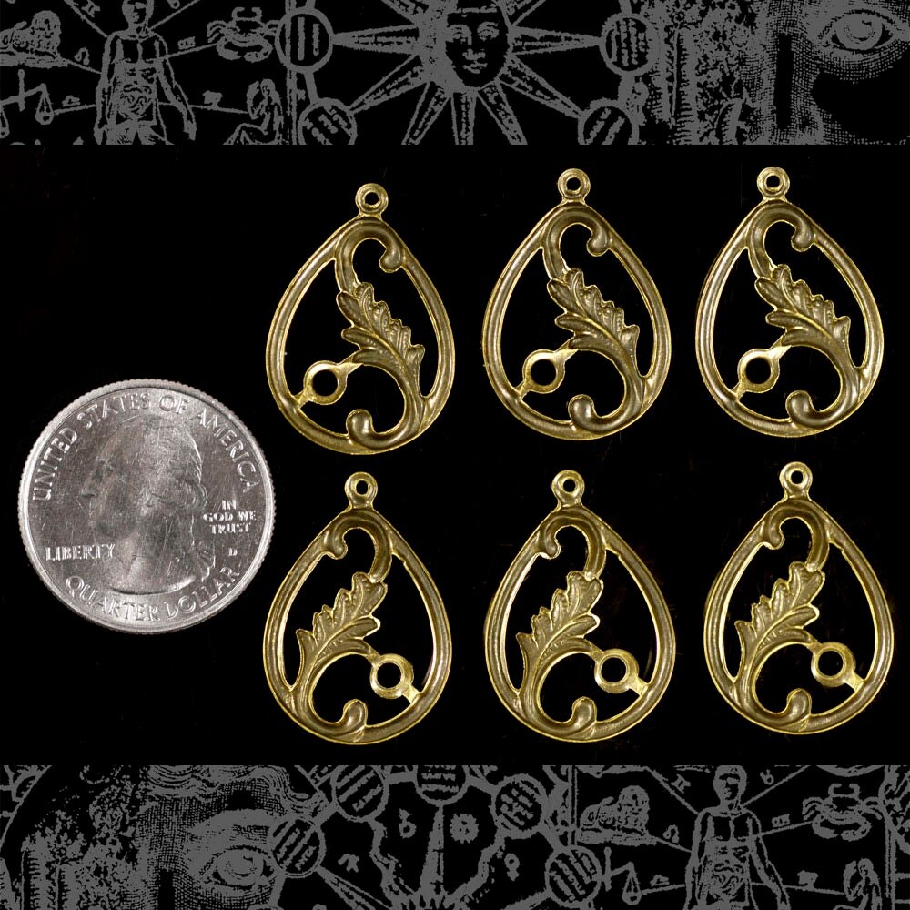 Antiqued Brass Teardrop Filigree Mount Connectors or Charms - Three Pairs - Mirror Image - AB-C146