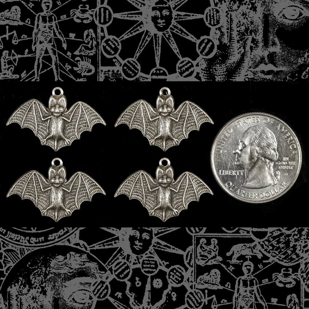 Antiqued Silver Plated Brass Wide Brass Bat Charms - Set of Four - XXX - S-C152