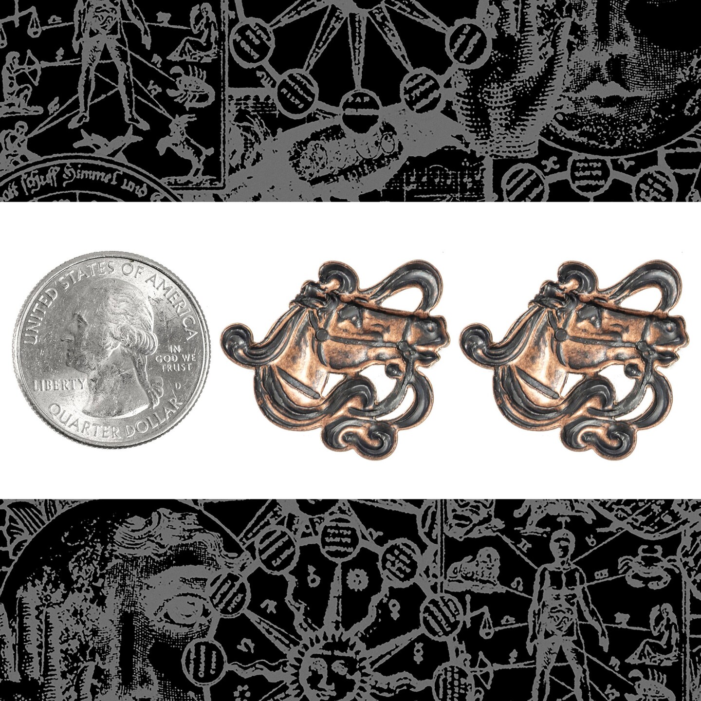 Antiqued Copper Plated Brass Horse Head with Flying Mane Pendants - Set of Two - C-P116