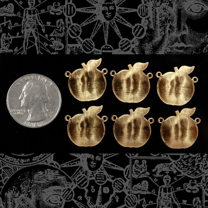 Raw Brass Vintage Adam and Eve in Apple Stampings Connectors Pendants - Set of Six - B-2C31