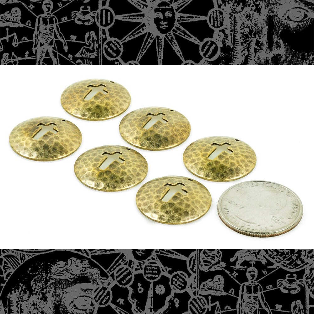 Hammered Disc with Cross Cut-Out Charms - Antiqued Brass - Set of Six - AB-C82