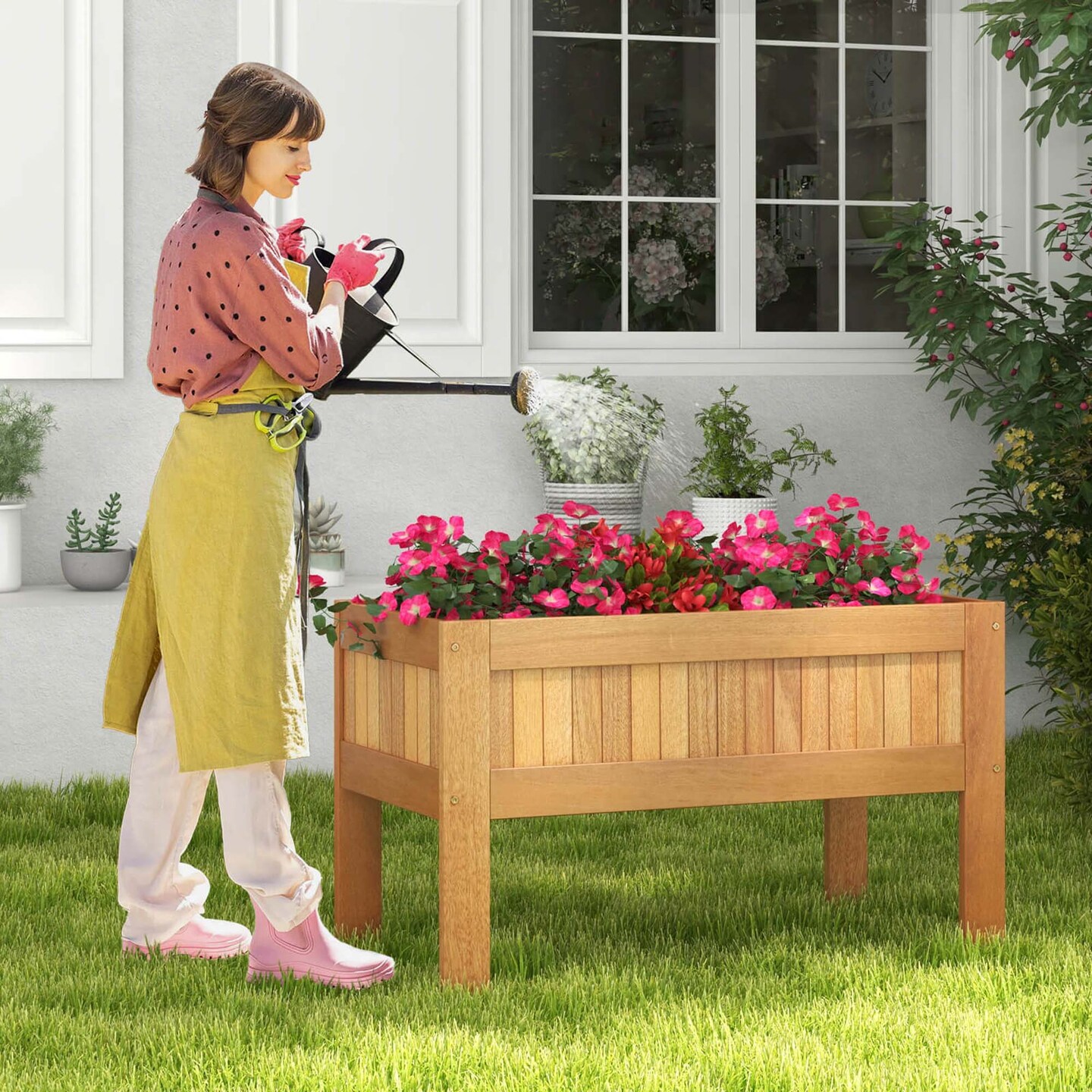 Costway Wooden Elevated Planter Box with Solid Wood Frame & Sturdy Legs Slatted Bottom
