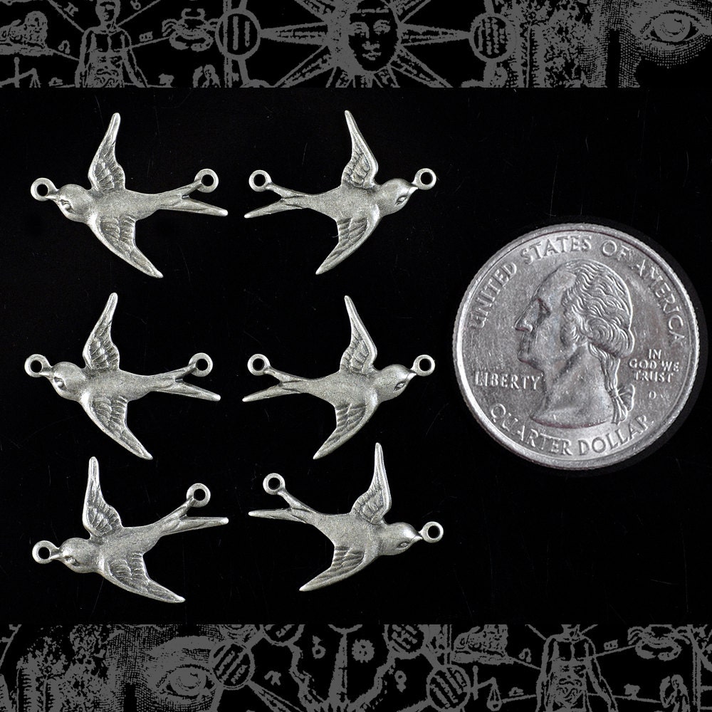 Antiqued Silver Plated Brass Flying Sparrows Two Way Connectors - Three Sets of Two - S-2C34