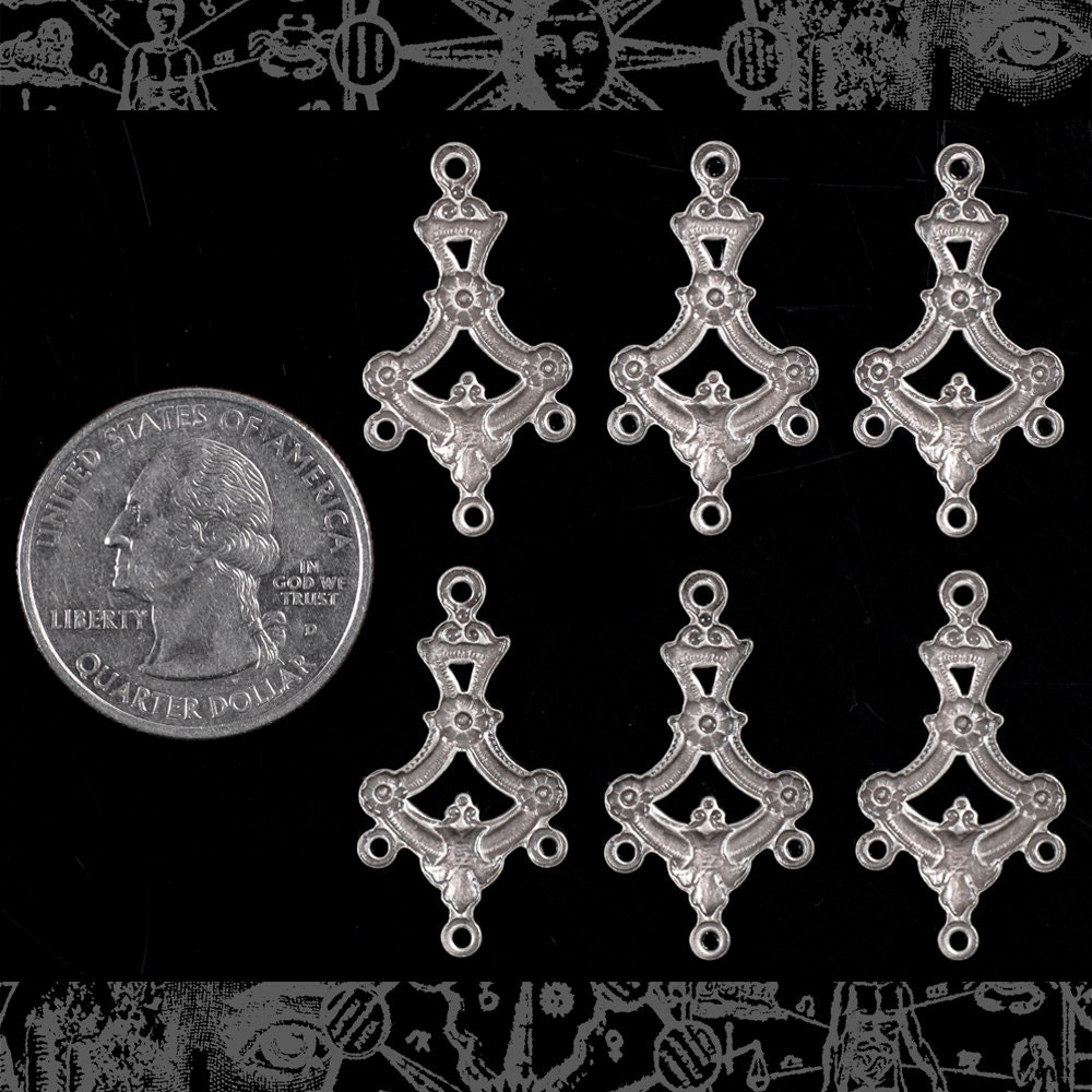 Ornate Floral Branch Four Way Connectors in Antiqued Silver Plated Brass - Set of Six - S-4C08