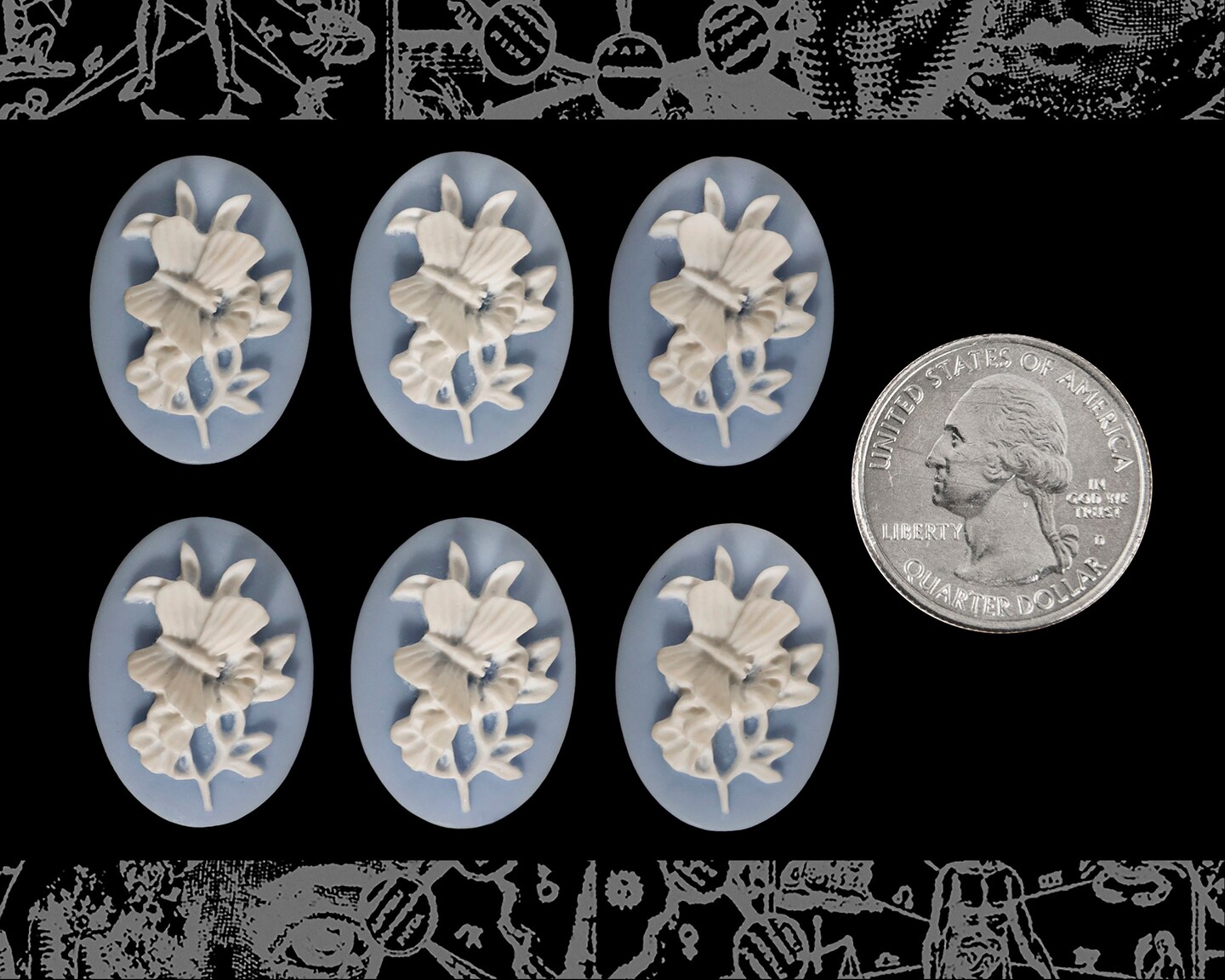 Blue and White Butterfly Cameos 25mm x 18mm - Set of Six - CAM189