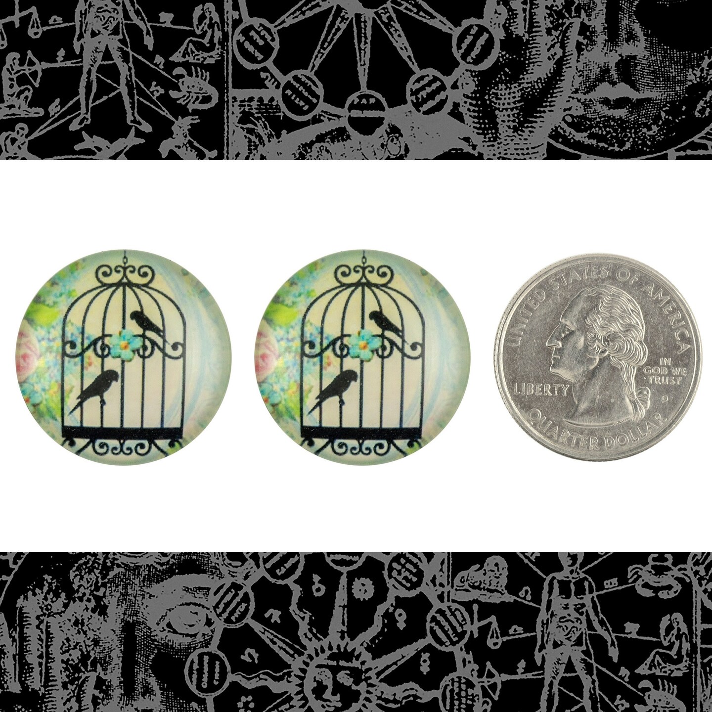 25mm Round Two Birds in Ornate Birdcage Cabochons - Set of Two - CAB63