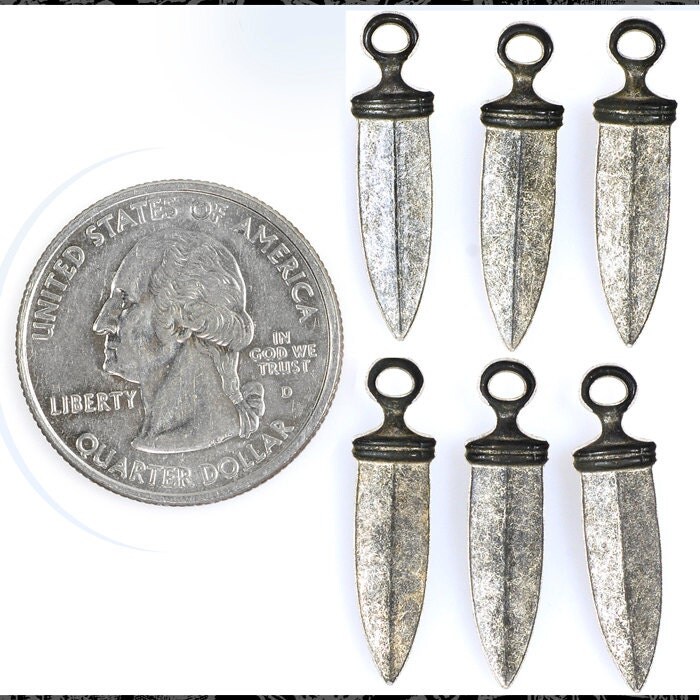 Antiqued Silver Plated Brass Dagger Drop Charms - Set of Six - S-C86