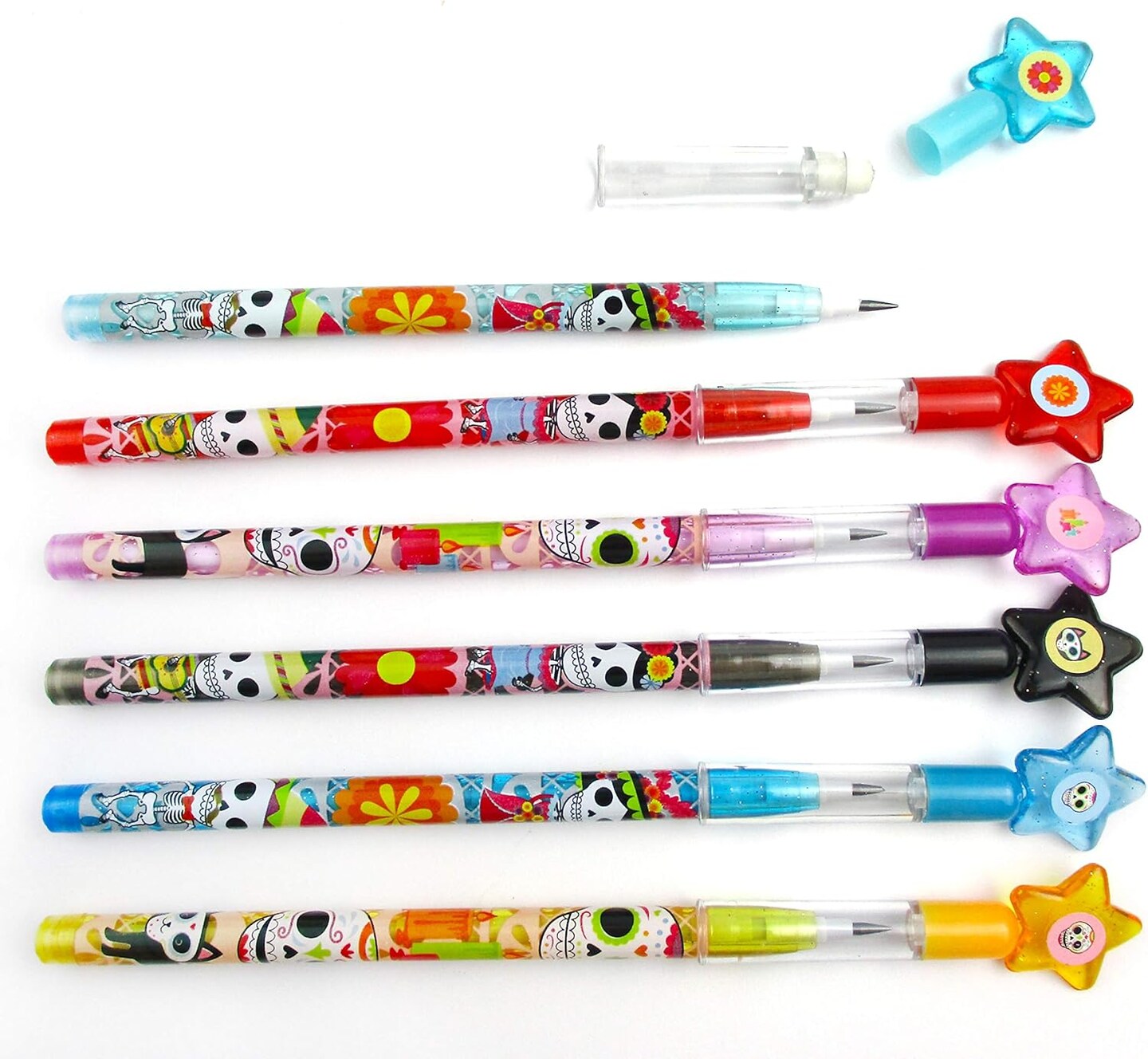 TINYMILLS 24 Pcs Day of the Dead Halloween Multi Point Stackable Pencil with Eraser for Halloween Party Favor Prize Carnival Goodie Bag Stuffers Pinata Fillers