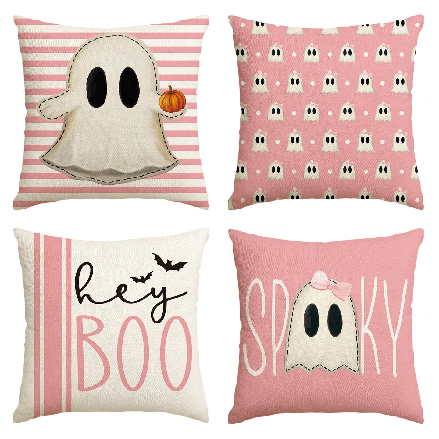 4 Pieces Colorlife Halloween Hey Boo Cute Ghost Spooky Pink Throw Pillow Covers, 18 x 18 Inch Horror Scary Cushion Case for Sofa Couch