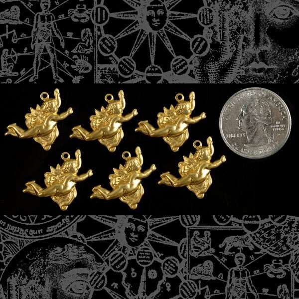 Raw Brass Flying Cherub Charms - Set of Six - B-C79