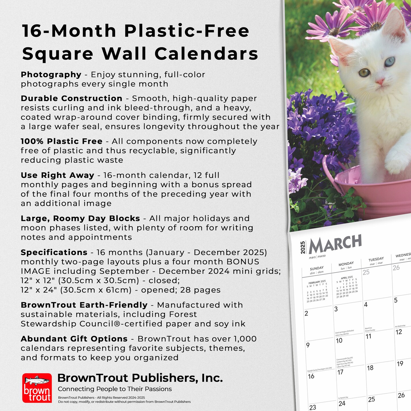 I Love Kittens | 2025 12 x 24 Inch Monthly Square Wall Calendar | Plastic-Free | BrownTrout | Animals Cats Feline