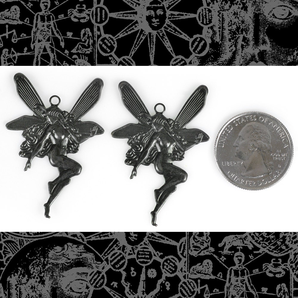 Black Plated Brass Fairy Pendants with One Ring - Set of Two - BB-P80