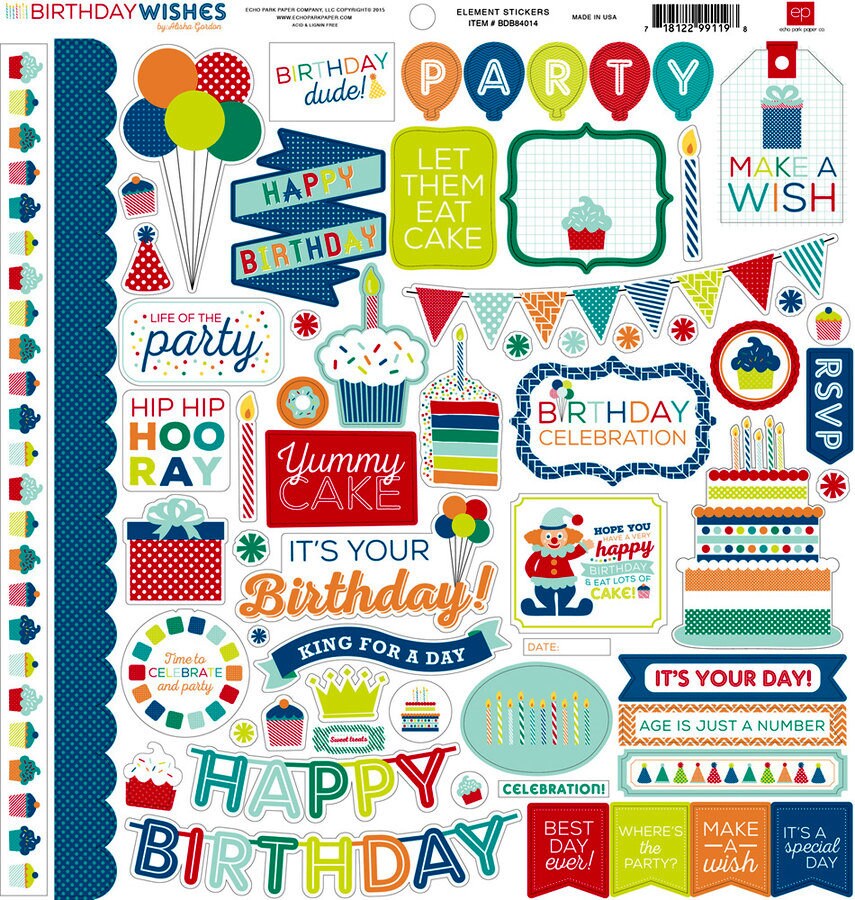 Echo Park Birthday Wishes 12 x 12 Cardstock Element Sticker Sheet