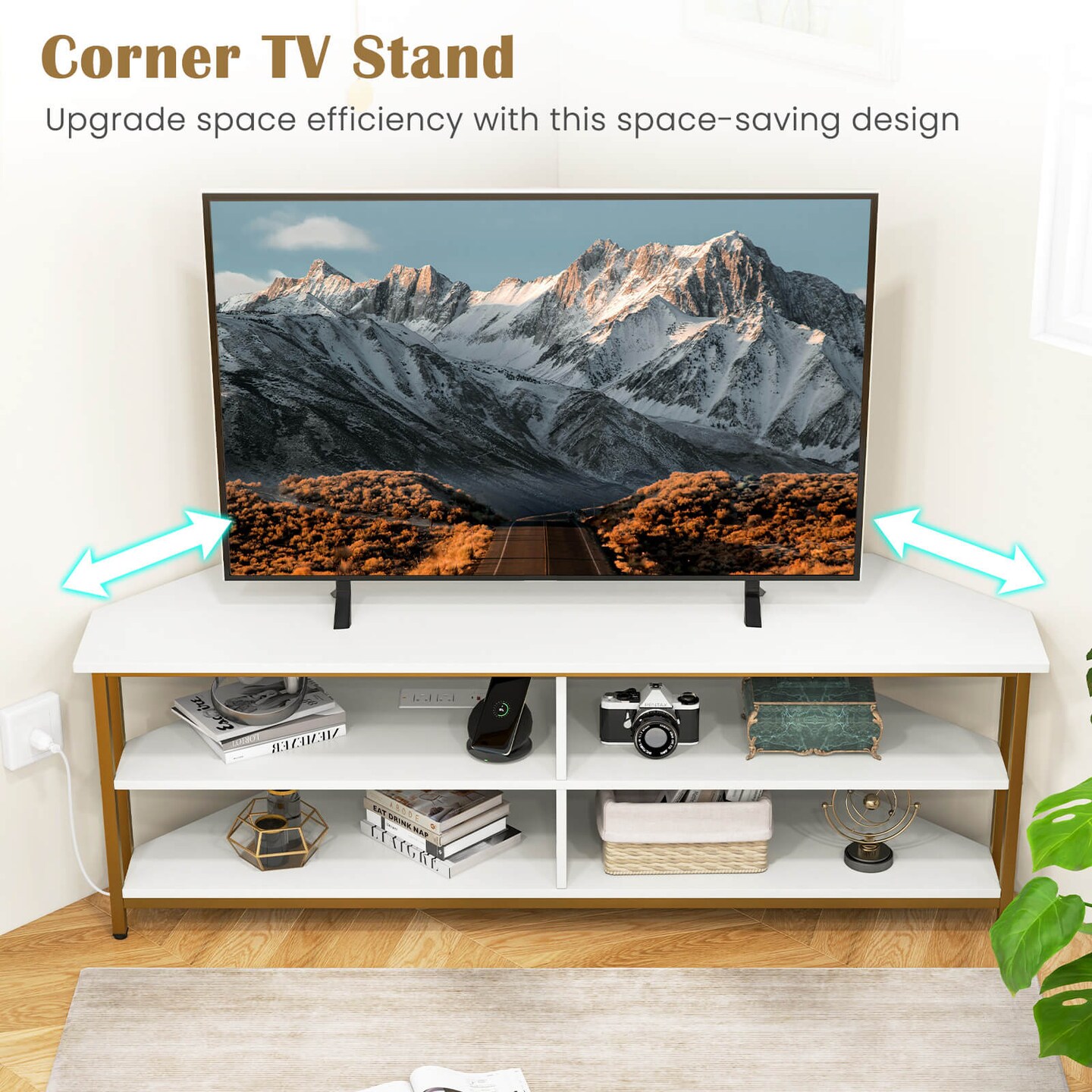 Costway Corner TV Stand for TVs up to 65&#x22; TV Console Table with AC Outlets&#x26;USB A Ports Rustic Brown/Black/White