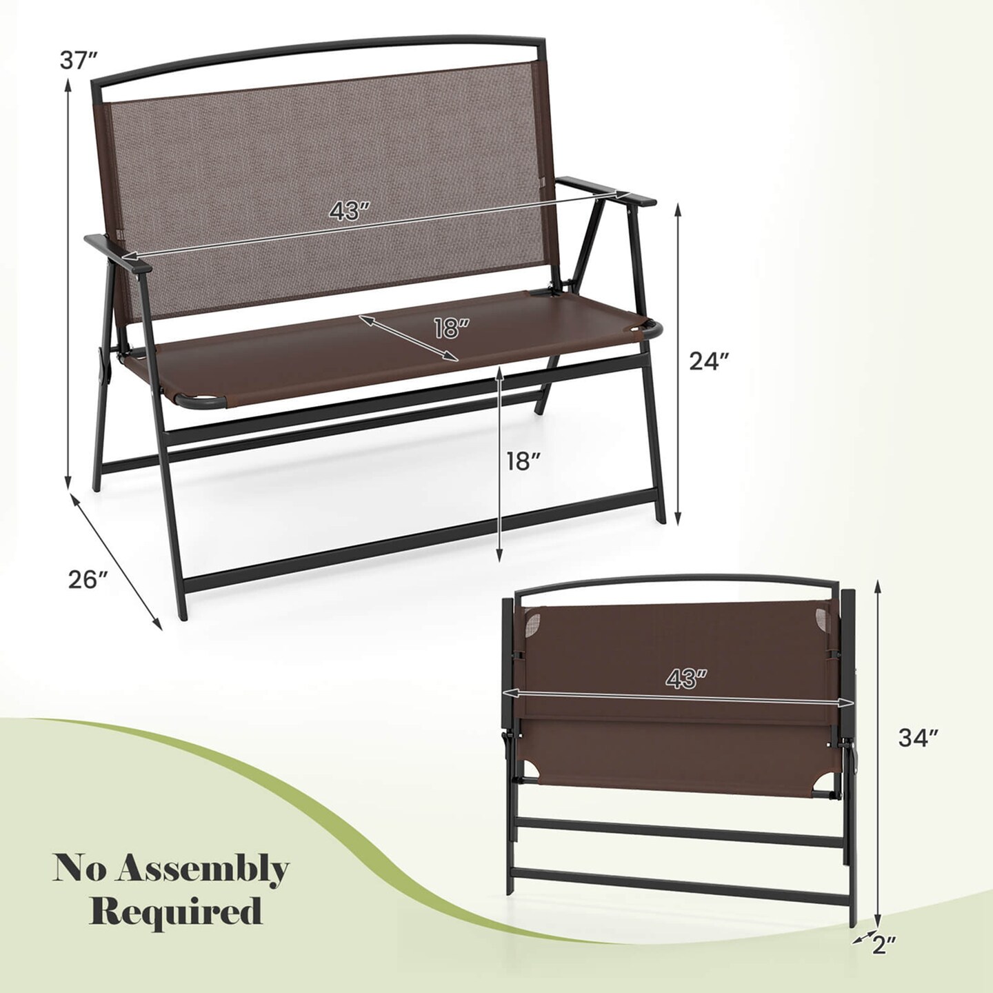 Costway 2-Person Patio Bench Folding Outdoor Garden Bench with Backrest and Armrests