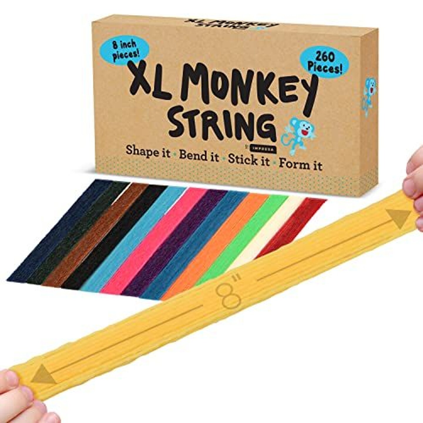IMPRESA Extra Long 8 Inch / 260 Piece Pack of Original Monkey String - Bendable, Sticky Wax Yarn Stix, 8 inch Wax Sticks in Bulk - Great Toys for Home &#x26; Travel, 13 Colors - Fun Toy Art Supplies